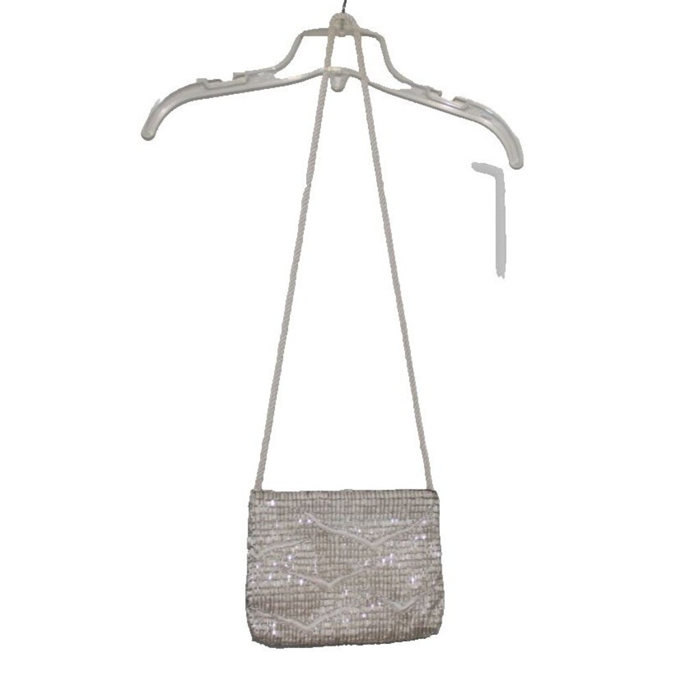 Vintage Mid Century Silver Tone Tube Beaded Evening Bag